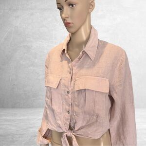 Zara Pink Cropped 100% Linen Tie Shirt M NWOT